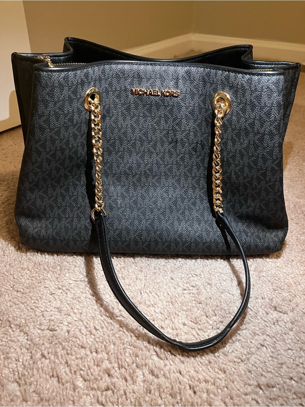 Michael Kors Black Logo-Print Tote with Gold Chain Handles